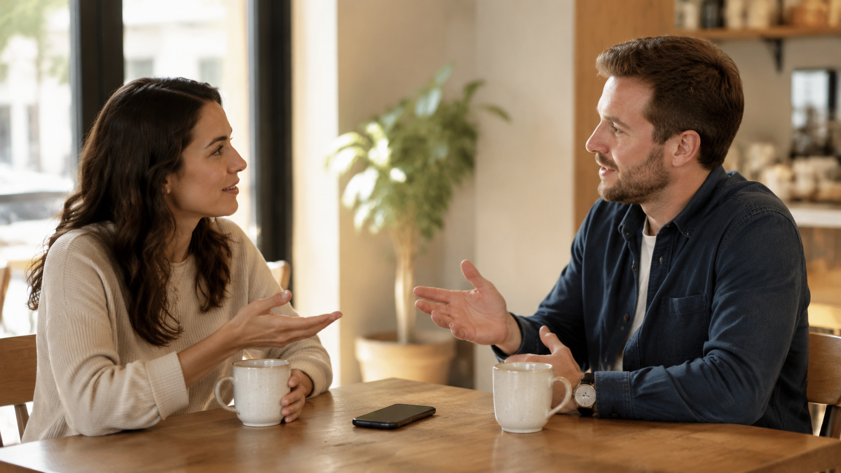 Two adults having a calm, honest conversation with attentive eye contact and open body language.