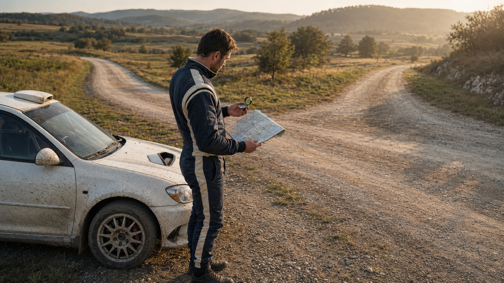 Driver beside a rally car at a rural fork checking a compass before choosing between two roads, symbolizing the importance of direction over speed.