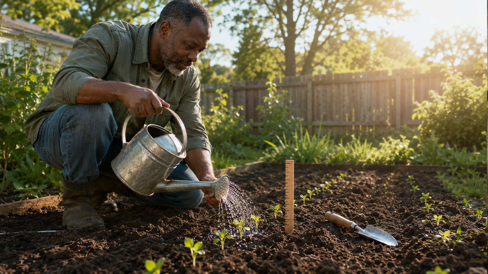 Black man gently watering tiny seedlings beside a wooden measuring stake in a freshly planted garden bed.