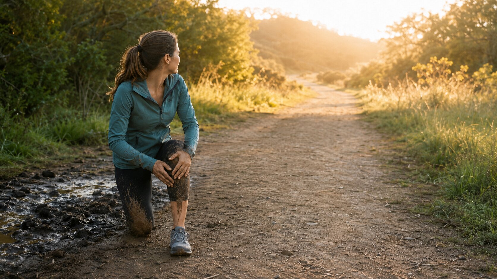 Woman with mud-stained running pants getting back up beside a muddy trail and looking toward the sunlit path ahead, symbolizing resilience after a difficult moment.
