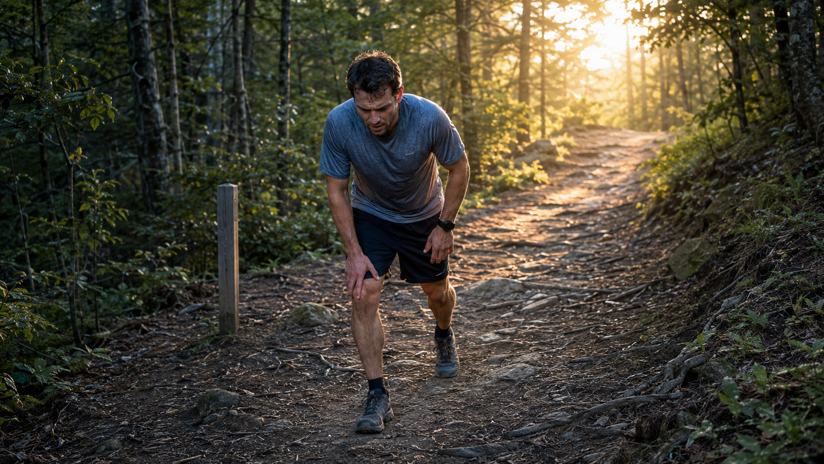 Tired trail runner taking one more determined step up a steep wooded path at sunrise.