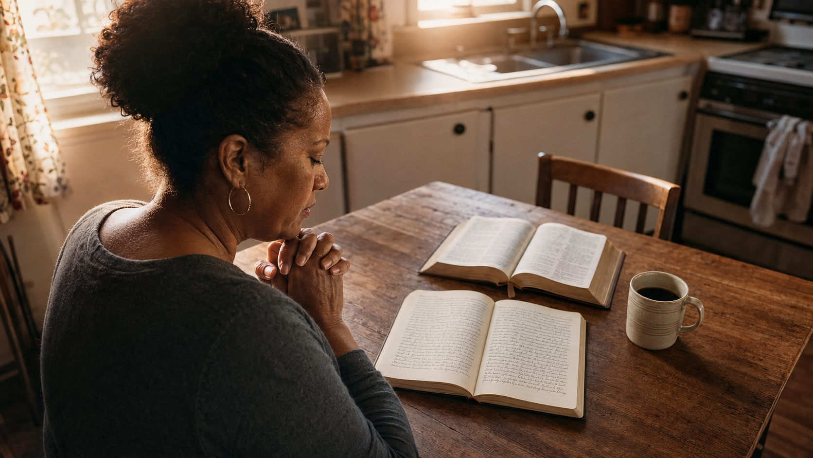 Middle-aged Black woman praying honestly at a kitchen table beside an open Bible and a journal filled with handwritten words in warm dawn light.