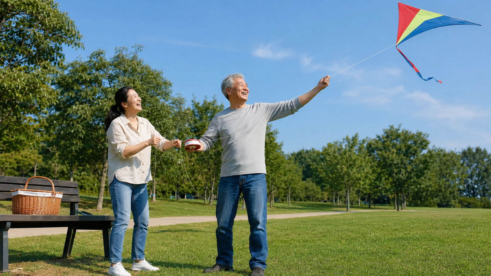 Middle-aged woman and her older father laughing together while flying a kite in a sunny neighborhood park.