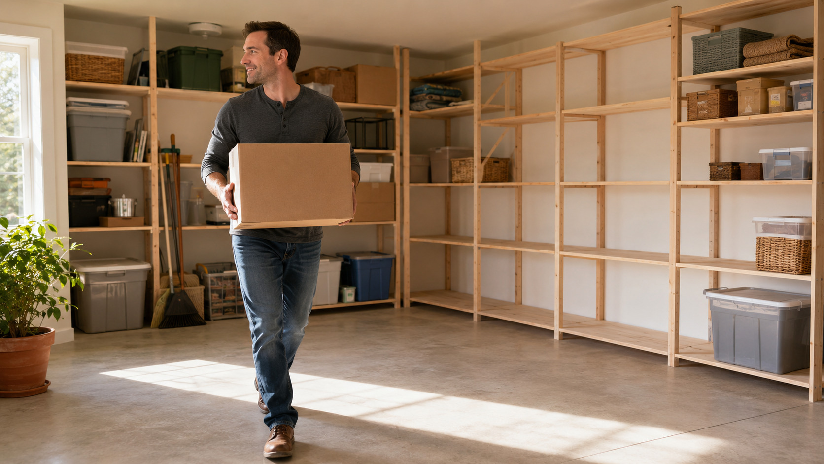 Man carrying a box from a crowded storage room as morning sunlight illuminates newly cleared shelves and open floor space.