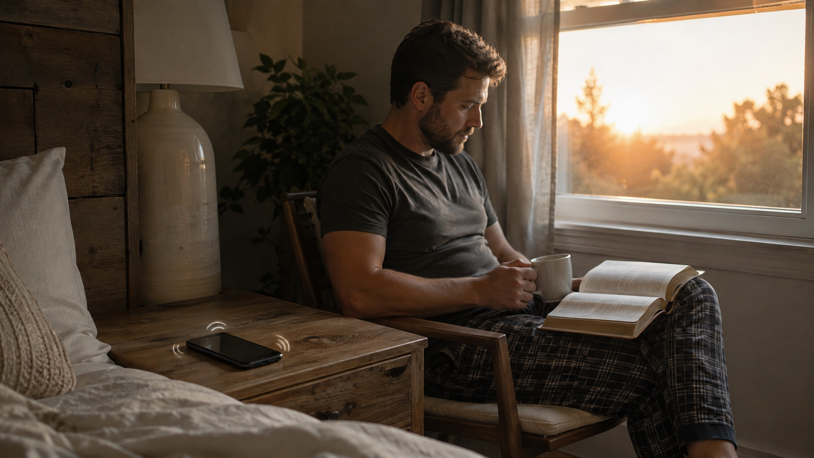 Phone buzzing untouched on a nightstand while a person sits peacefully with coffee and an open Bible beside a sunrise window.
