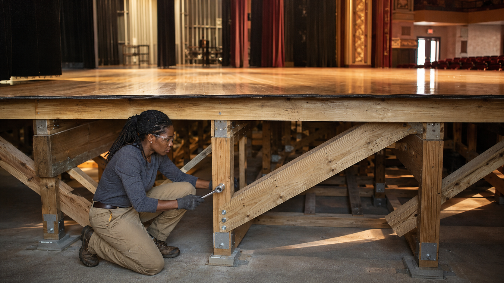 Black woman reinforcing wooden support beams beneath an empty theater stage in soft morning light.