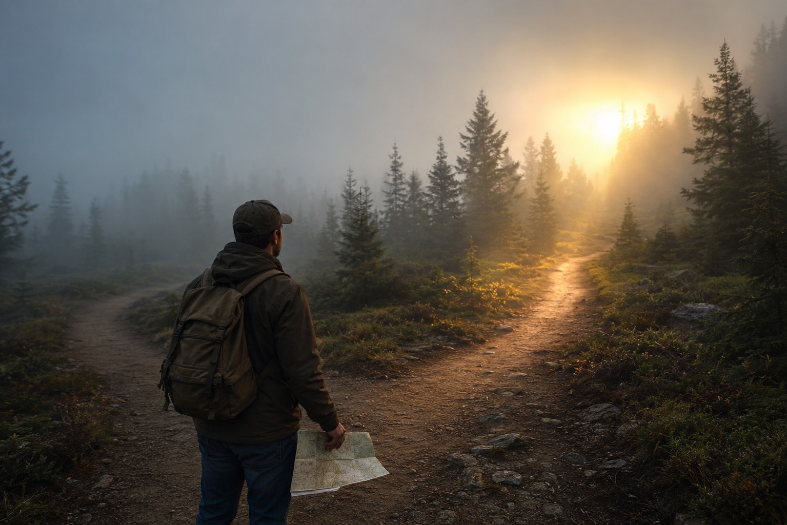 Man standing at a foggy forest crossroads holding a lowered map as morning light illuminates the path ahead, symbolizing releasing control and trusting God’s guidance.