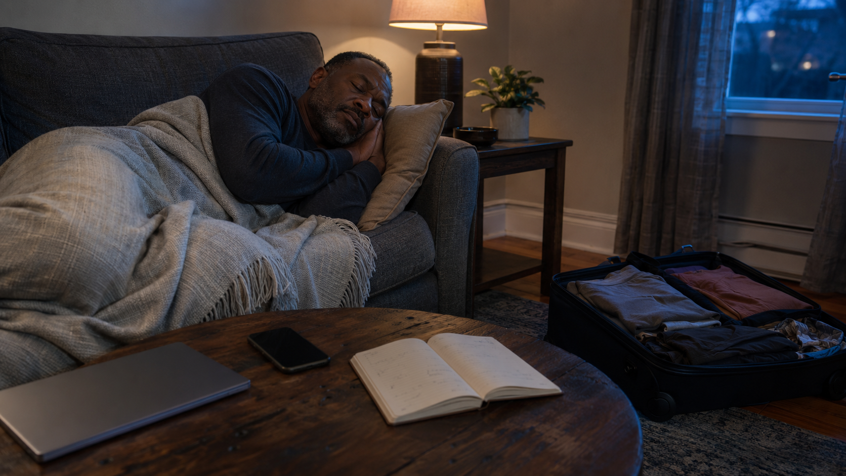 Exhausted middle-aged man sleeping peacefully on a couch after setting aside a laptop, phone, notebook, and packed suitcase.
