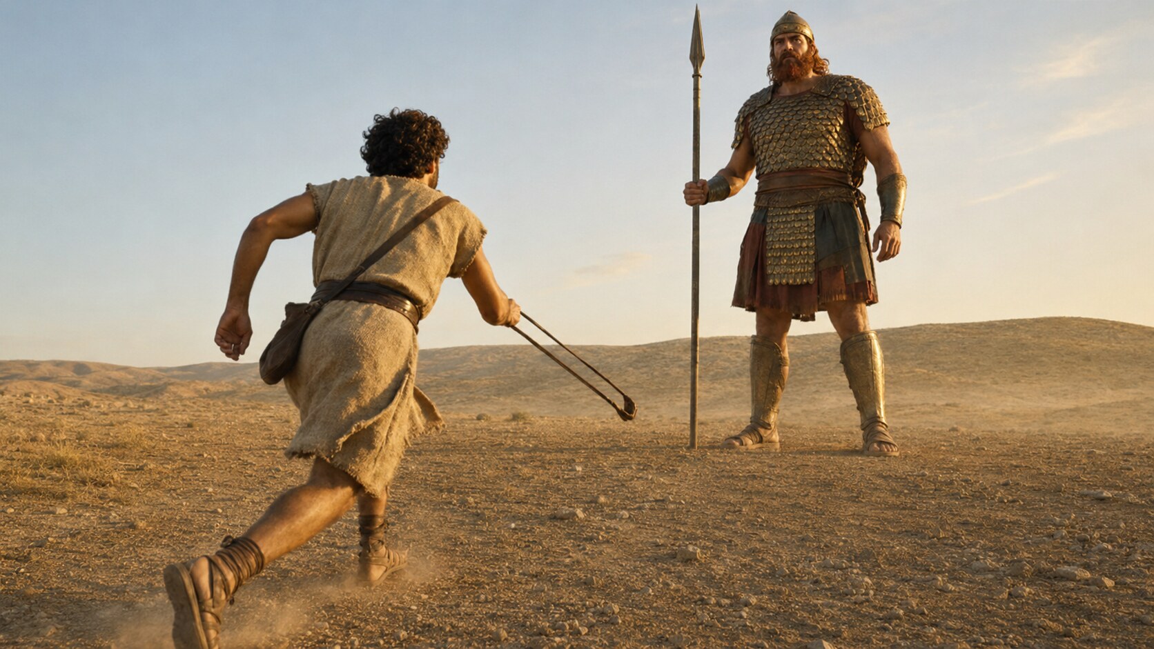 Young Levantine David running toward a towering red-haired Goliath in bronze scale armor on an ancient battlefield.