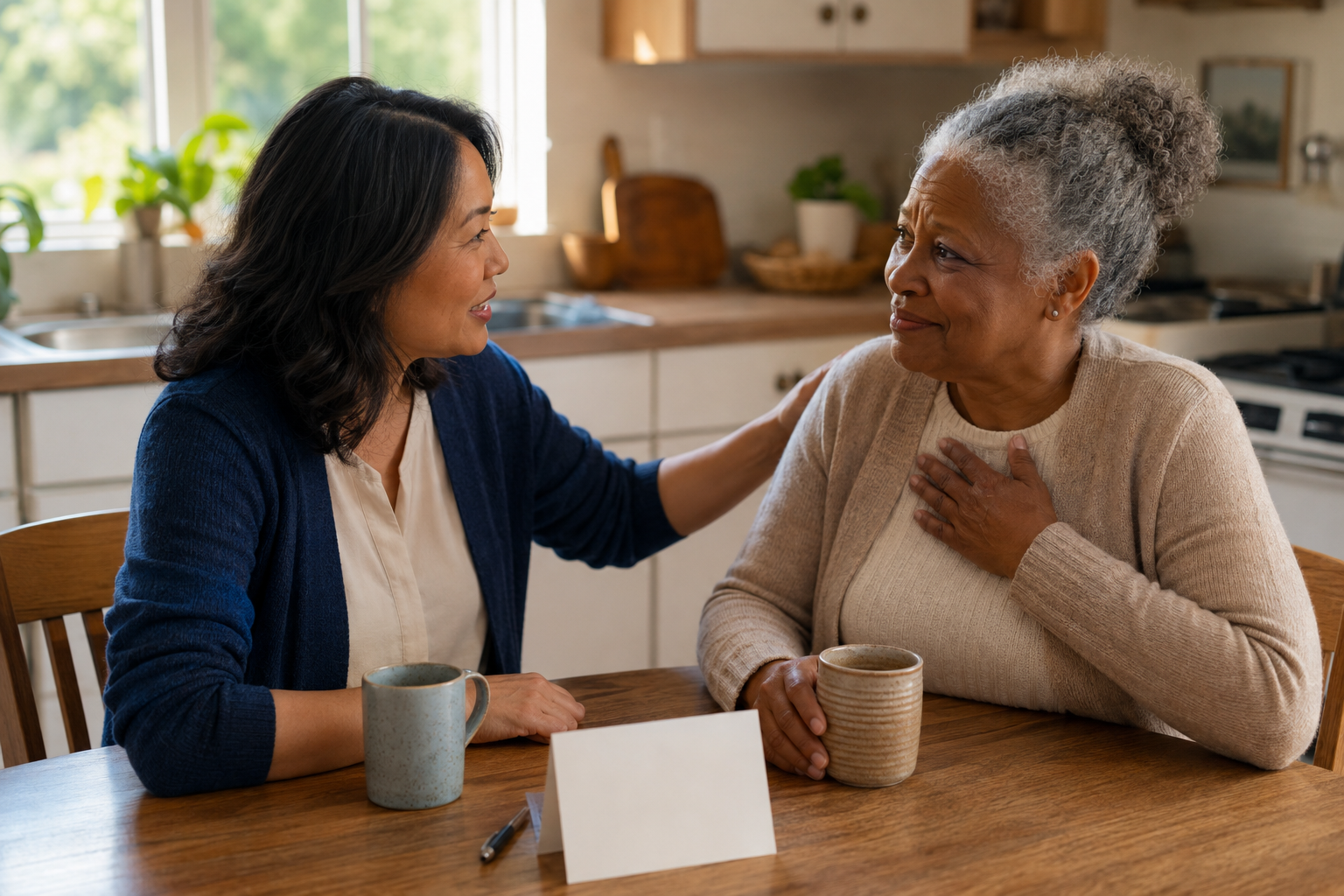 Middle-aged Asian woman speaking warmly to an older Black woman across a kitchen table in soft morning light.