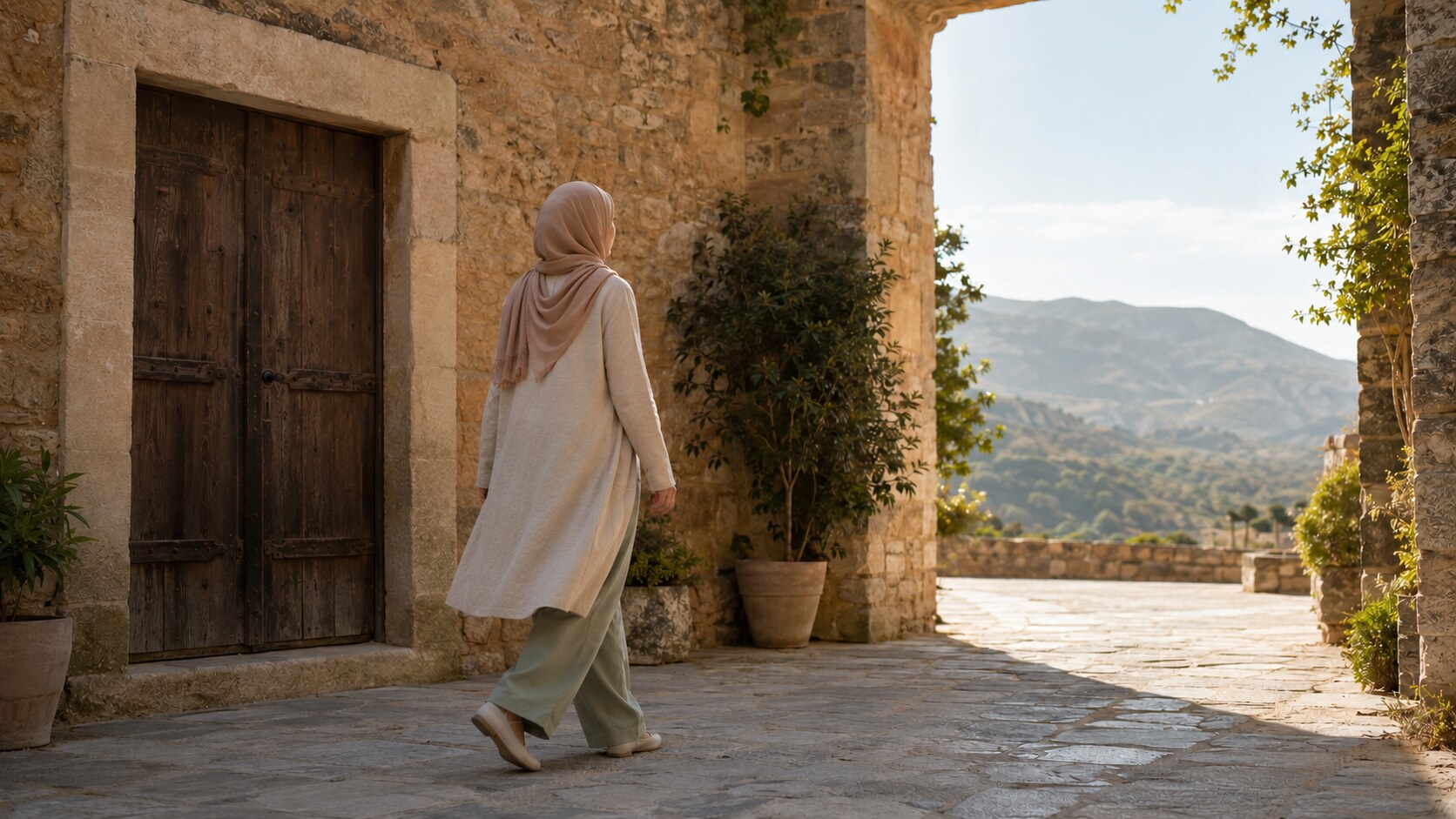 Middle Eastern woman walking away from a closed wooden door toward a sunlit passage in an old stone courtyard.