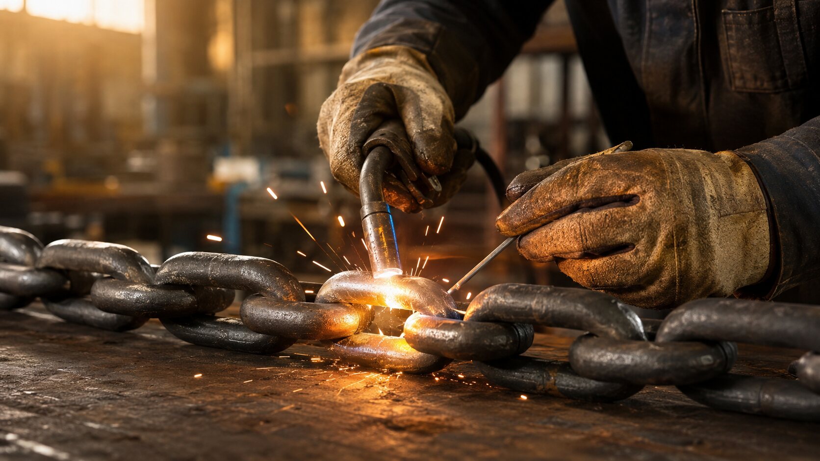 A metalworker welding and reinforcing a weak link in a heavy steel chain as sparks fly.