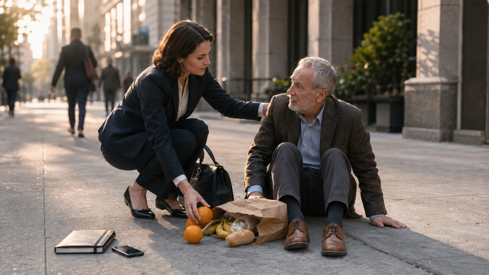 Professionally dressed woman kneeling to help an older man gather spilled groceries on a city sidewalk in warm morning light.