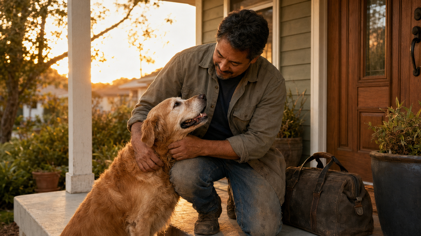 Middle-aged tradesman setting down his tool bag and greeting an older golden retriever at home in warm evening light.