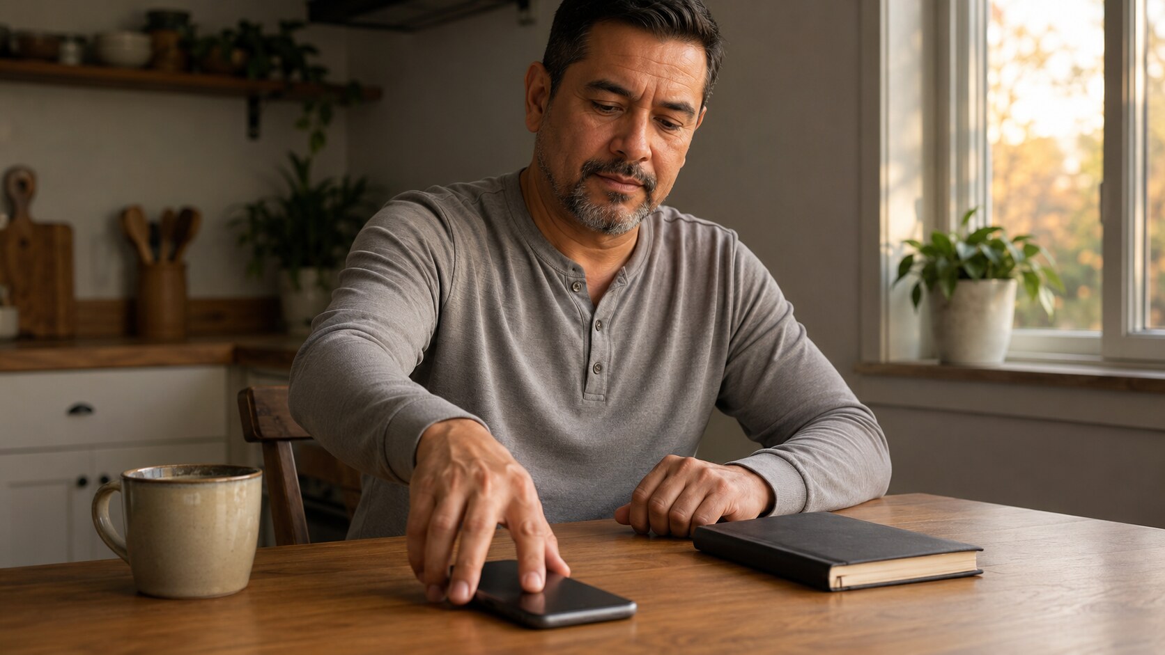 Middle-aged Latino man calmly turning a smartphone face-down at a kitchen table in warm morning light.